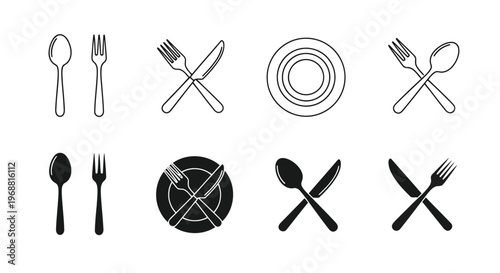 Various icons depicting dining utensils and tableware in different styles and arrangements Vector