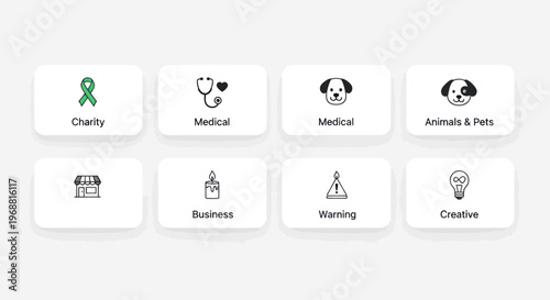Set of icons representing various concepts like charity, medical, business, and creativity