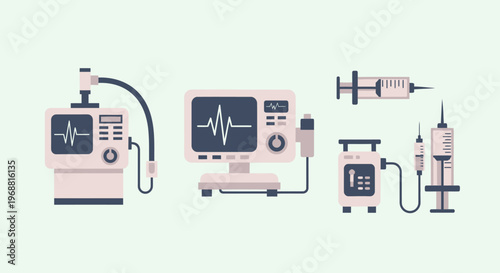 Modern medical equipment for patient monitoring and treatment including an ECG machine, IV drip stand, and syringe pump in a bright studio.