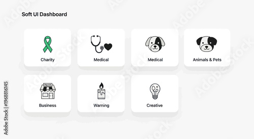 Soft UI Dashboard Icons: Charity, Medical, Business, Animals, Warning, Creative