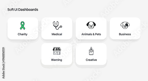 Soft UI Dashboards with Icons: Charity, Medical, Animals, Business, Shopping, Creative
