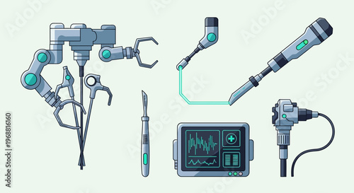 Advanced surgical equipment featuring robotic arms, endoscope, surgical scalpel, and medical monitor for precision surgery in a bright studio.