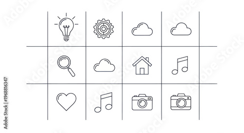 Set of simple line icons for web and app design: idea, gear, cloud, search, house, music, heart, camera