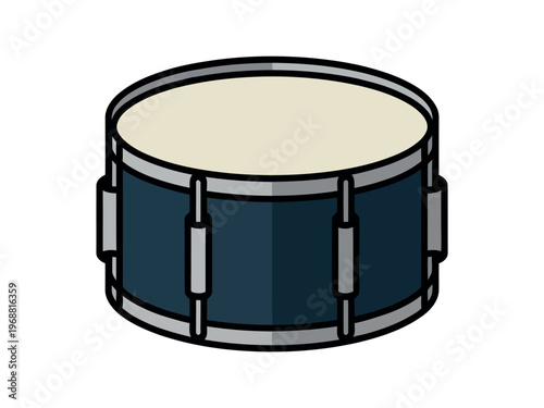 A cartoon illustration of a blue snare drum with silver hardware on a white background