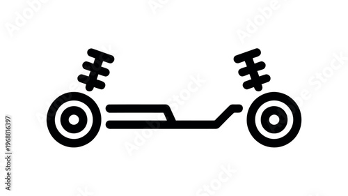 A simple black and white illustration of a car suspension system with wheels and springs