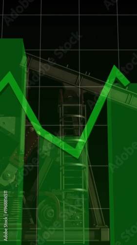 Pumpjack moving while energy market data driving green charts overlaying scene showing price trends