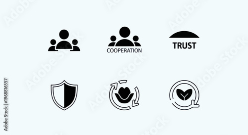 Teamwork and Trust Icons: Cooperation, Shield, Heartbeat, Security