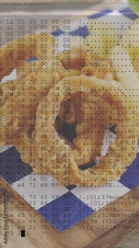 Vertical video: Onion rings resting on board while camera creeping and revealing tech hex overlay