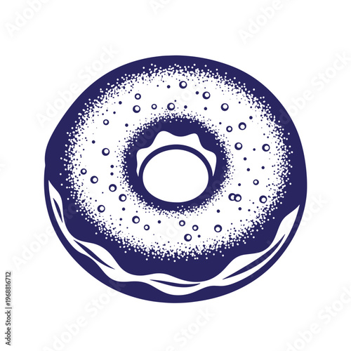 Dark blue donut with stippled texture and circular sprinkles on a white background featuring a flat style with a simple outline of a glazed ring pastry snack food
