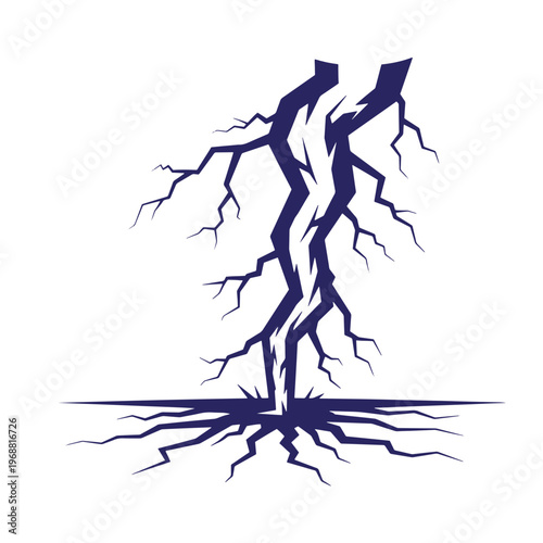 Dark blue of a jagged lightning bolt striking the ground with radiating ground cracks and fissures isolated on a white background