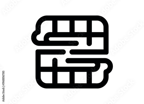 A stylized black icon of a maze or labyrinth on a white background