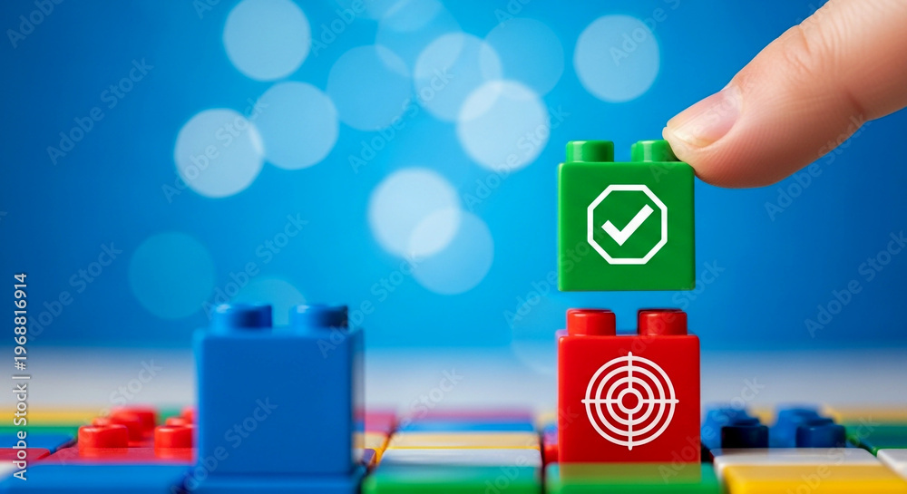 Obraz premium Hand placing green checkmark lego block on red target block colorful background