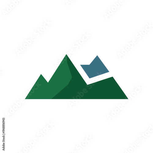 A stylized illustration of a mountain range with a blue flag on a white background