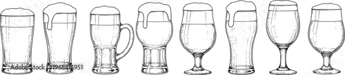 Detailed vector outline illustrations showcasing a diverse collection of eight beer glasses and mugs, some with frothy overflowing foam, ideal for beverage designs.
