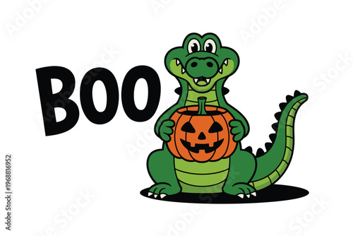 Cartoon Monster Saying Boo with Green Skin and Sharp Teeth
