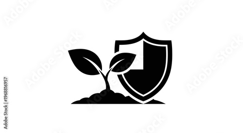 Black silhouette of a plant protected by a shield.
