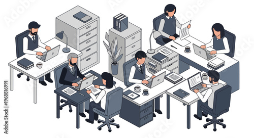 Office workers collaborating and working on computers in a modern office setting.