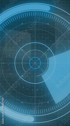 Vertical video: Circular radar UI receiving progress tick, rotating sweep revealing grid targets