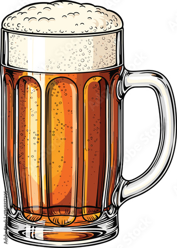 Vibrant vector illustration of a classic glass beer mug filled with frothy amber lager, showcasing a refreshing and inviting beverage experience.