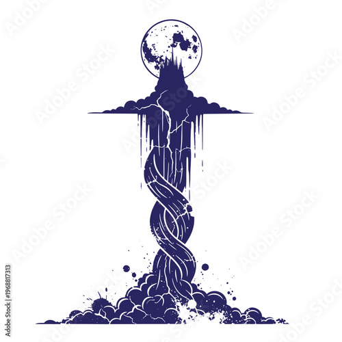 Dark blue silhouette of a castle perched on a cliff above a swirling waterfall descending into clouds with a full moon in the background on a white backdrop