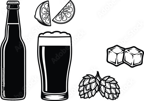Detailed black and white vector illustration of essential beer elements including a bottle, glass, hops, lemon slices, and ice cubes, perfect for beverage-related designs.
