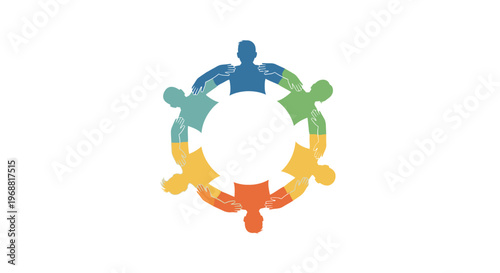 Diverse people holding hands in circle.