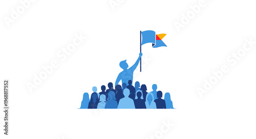 A person holding a flag standing on a crowd of people.
