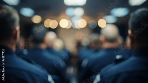 Blurred image of a group of police officers sitting in a hall at a meeting or briefing