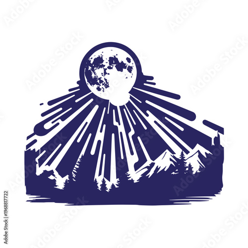 Dark blue silhouette of a full moon shining over a mountain range with pine trees and radiating light beams isolated on a white background
