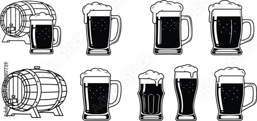 A comprehensive collection of black and white beer illustrations, including various mugs, glasses, and wooden barrels, perfect for pub themes.