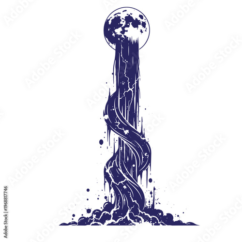 Dark blue silhouette of a full moon with a swirling liquid waterfall cascading downwards onto a splashy base of ink splatters and textured drips isolated on a white background