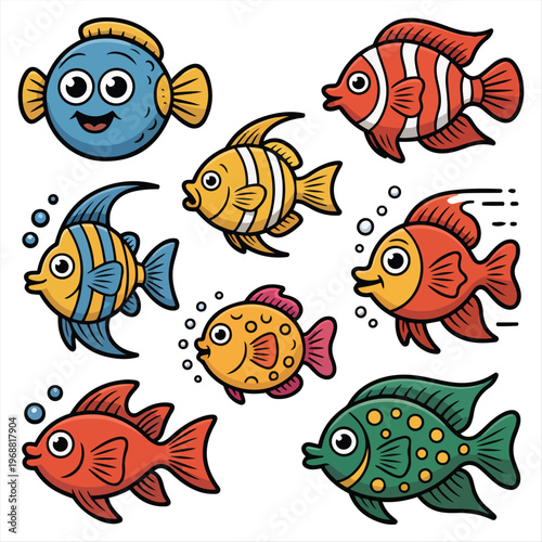 Set of Colorful Cartoon Fish Illustrations
