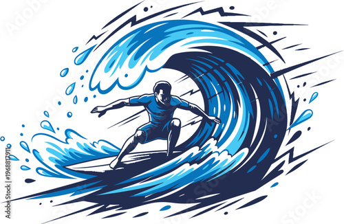 Surfer riding powerful blue ocean wave, extreme watersport action
