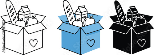 A series of illustrations depicts a cardboard box filled with groceries including bread milk and apples in varying styles high quality professional detailed