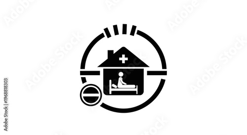 Home Isolation Icon: Sick Person in Bed, Medical Cross, No Entry Symbol, Quarantine Concept