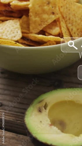 Camera panning causing chips and halved avocado receiving floating icons, showing marketing metrics