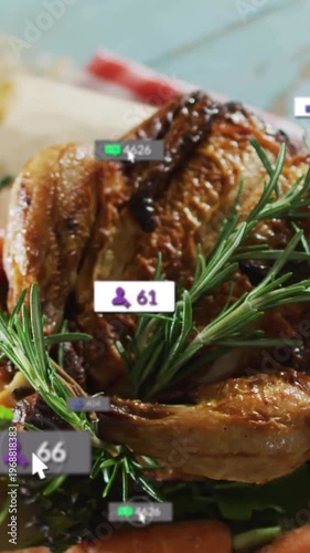 Vertical video: Roast bird in frame, cursor hovering rosemary causing badges showing food metrics