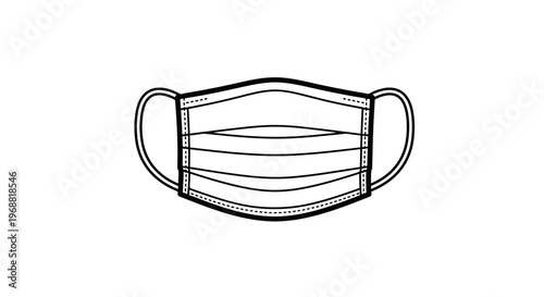 Simple line drawing of a disposable medical face mask with ear loops, isolated on white background.