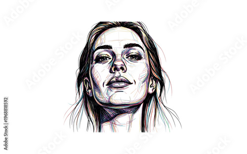 Expressive portrait sketch of a woman with colorful linework and a slight upward gaze