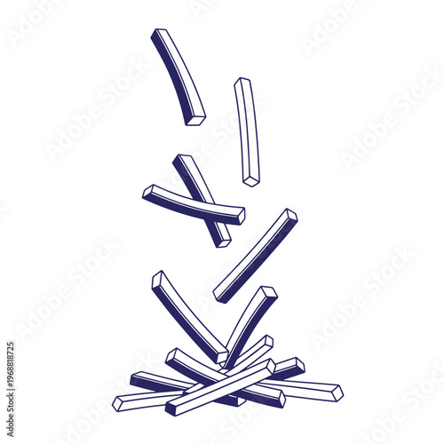 Dark blue line of multiple french fries falling and stacking into a pile on a white background potato sticks