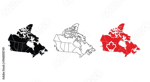 Geographical and thematic map representations of canada with different visual styles Vector