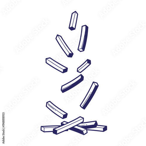 Dark blue line of several french fries falling and stacking into a pile on a white background potato sticks