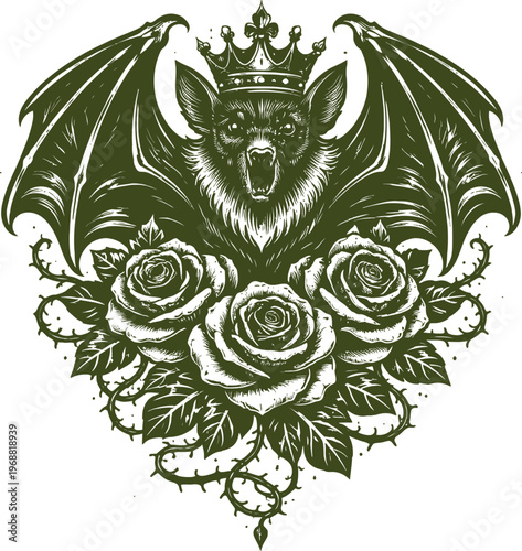 Gothic Bat Crown Rose Thorn Green Dark Art