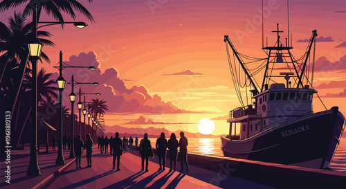 Pixel art illustration of people strolling along a vibrant tropical pier at sunset, with a fishing boat docked and palm trees silhouetted against the colorful sky.
