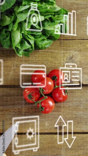 Vertical video: At start, tomatoes on board, finance icons drifting, knife entering for marketing