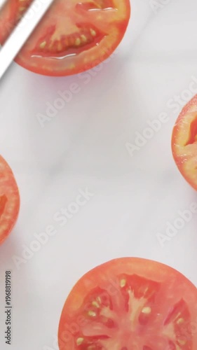 Vertical video: Teal bars rising, tomato half shifting while stripes sliding, chart showing code