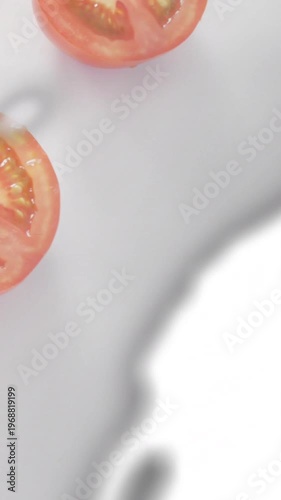 Vertical video: Tomato entering top-left, camera pulling, silver wipe sweeping, showing teal print