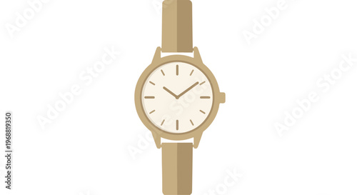 Simple illustration of a classic wristwatch with a beige strap and white face on a plain background.
