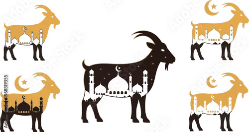 Eid al-Adha Greeting Concept with Goat Silhouette and Islamic Mosque Architecture Double Exposure Vector Illustration Set