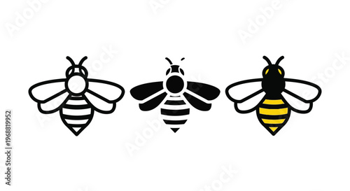 Three stylized bees with varying color patterns and shading techniques Vector